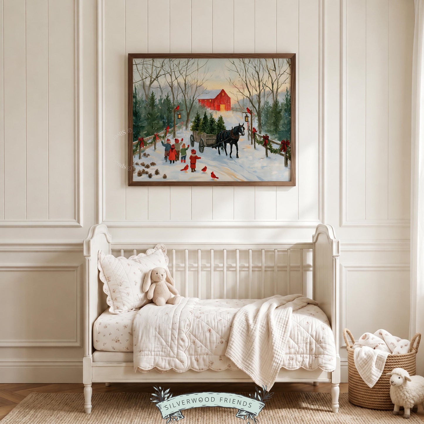 Vintage holiday painting print for living room — horse pulling wagon through snowy Christmas tree lane with rustic charm
