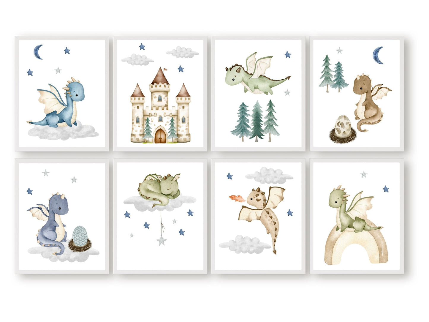 Ignite your little one's imagination with this enchanting Set of 8 Baby Dragon Nursery Prints, showcasing adorable baby dragons soaring through a star-filled sky, surrounded by clouds, a radiant moon, and a majestic castle and forest.