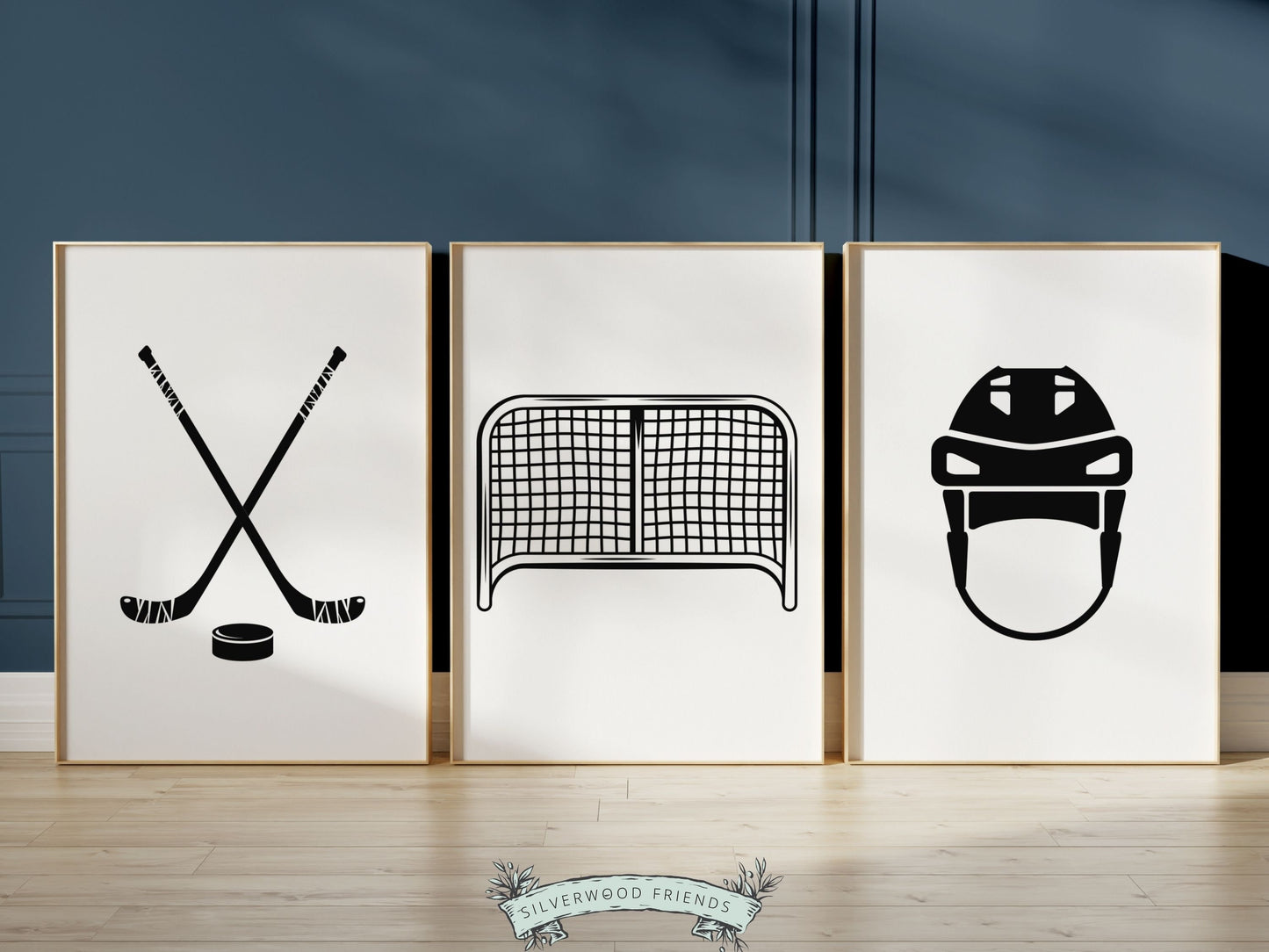 Elevate your sports nursery decor or sport-themed room with this set of 3 black and white minimalist ice hockey prints, featuring hockey sticks and puck, hockey goal post, and hockey helmet.