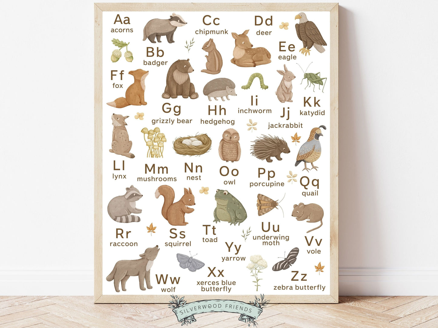 Learn the alphabet and update your woodland nursery decor with this beautifully illustrated Woodland Forest Alphabet Poster featuring gorgeous watercolour woodland animal and nature illustrations.