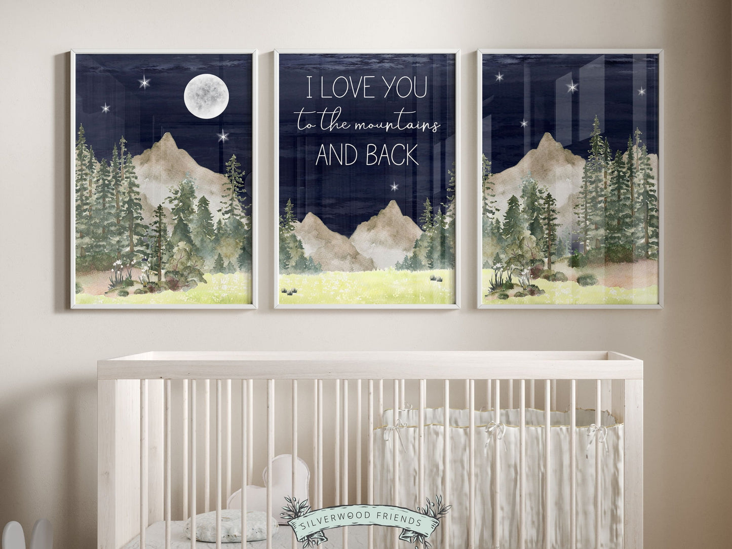 Transform your space into a serene mountain retreat with our enchanting Set of 3 Mountain Prints, featuring the quote, I love you to the mountains and back, set against a mountain and woodland forest landscape and starry night sky.