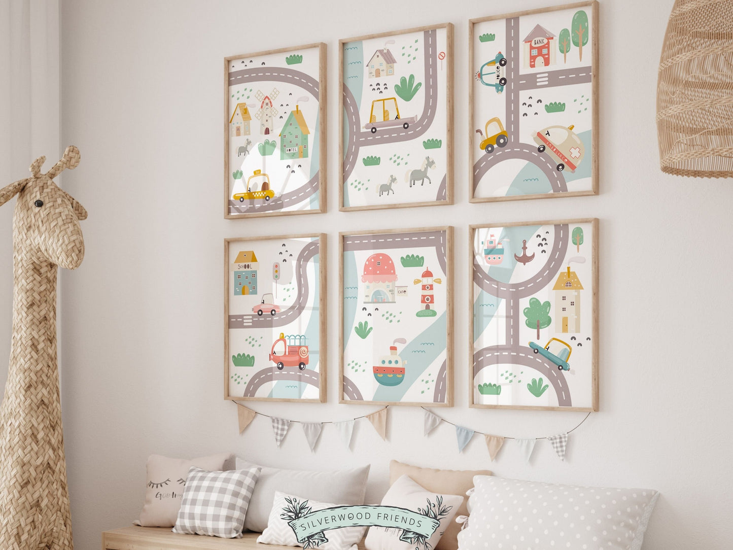 Transport Vehicle Nursery Prints, Boys Car Theme Nursery Decor, Toddler Truck Playroom Poster, Boys Police Car Map Nursery Digital Prints