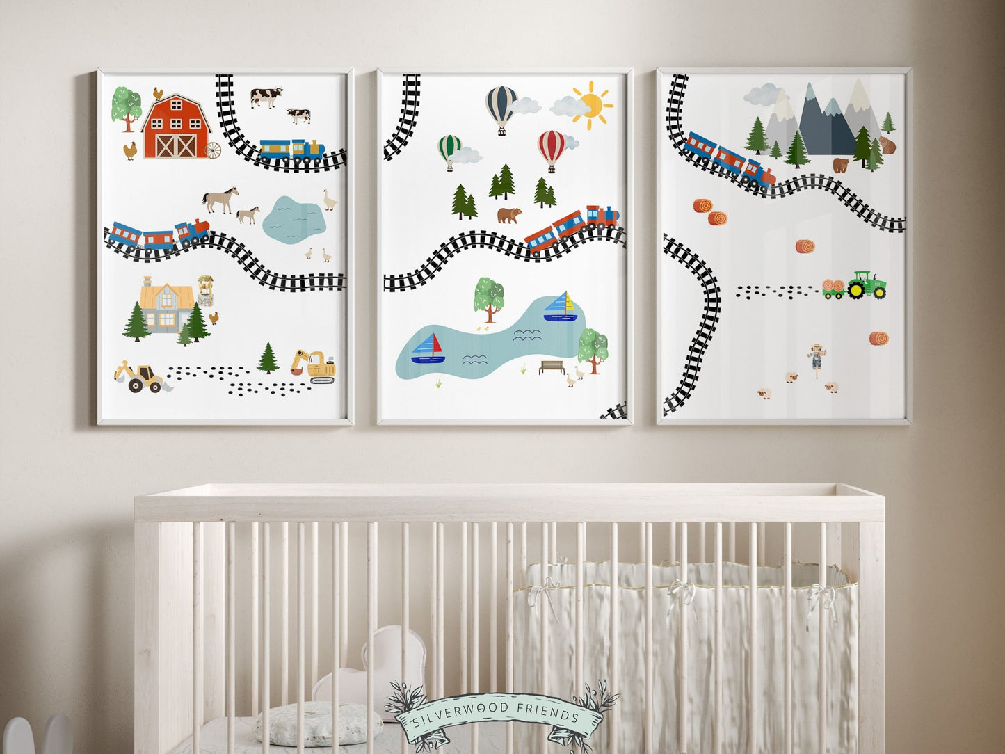 Ignite joy in your nursery with our Train Nursery Prints, where adorable animals roam amongst farms, trains and lakes, for a whimsical and enchanting journey. Perfect for both transport nursery decor and farm nursery decor.