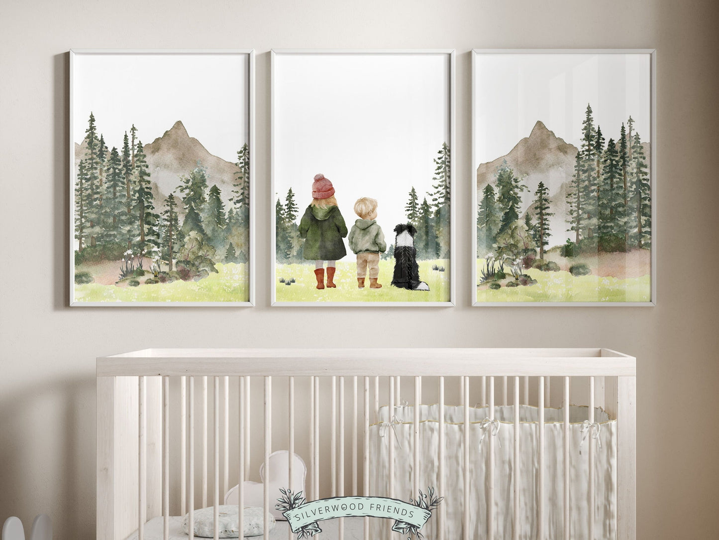 Our adorable Hiking Nursery Prints featuring watercolor woodland forest and mountain landscape with a little girl, a boy and their dog, is the perfect addition to your babys woodland nursery decor and also makes a unique baby shower gift.