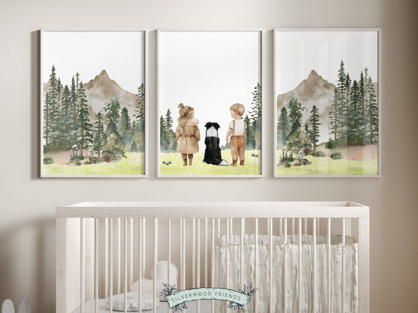 Our adorable Adventure Nursery Prints featuring watercolor woodland forest and mountain landscape with a little girl, a boy and their dog, is the perfect addition to your babys woodland nursery decor and also makes a unique baby shower gift.