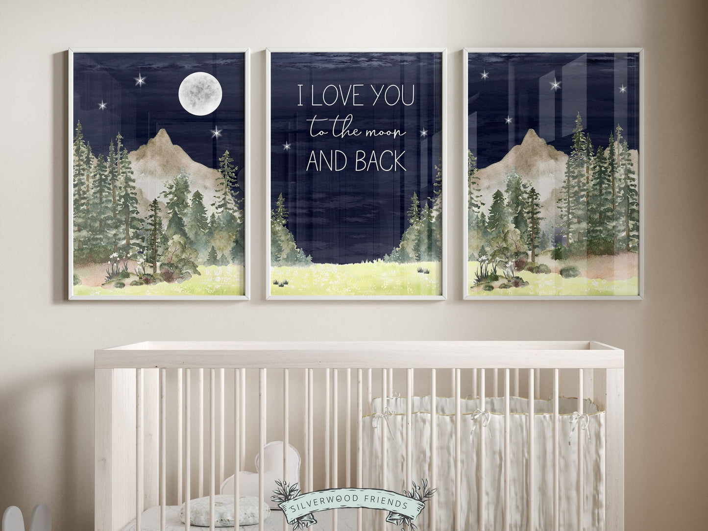 Create a calm and cosy space for your little one with our enchanting Set of 3 Mountain Theme Nursery Prints, featuring watercolor mountain and forest landscape with full moon and stars and the quote I love you to the moon and back.