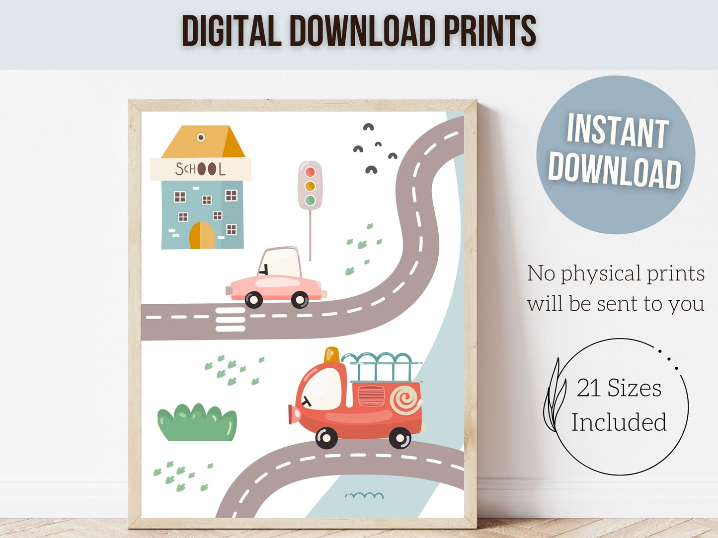 Transport Vehicle Nursery Prints, Boys Car Theme Nursery Decor, Toddler Truck Playroom Poster, Boys Police Car Map Nursery Digital Prints