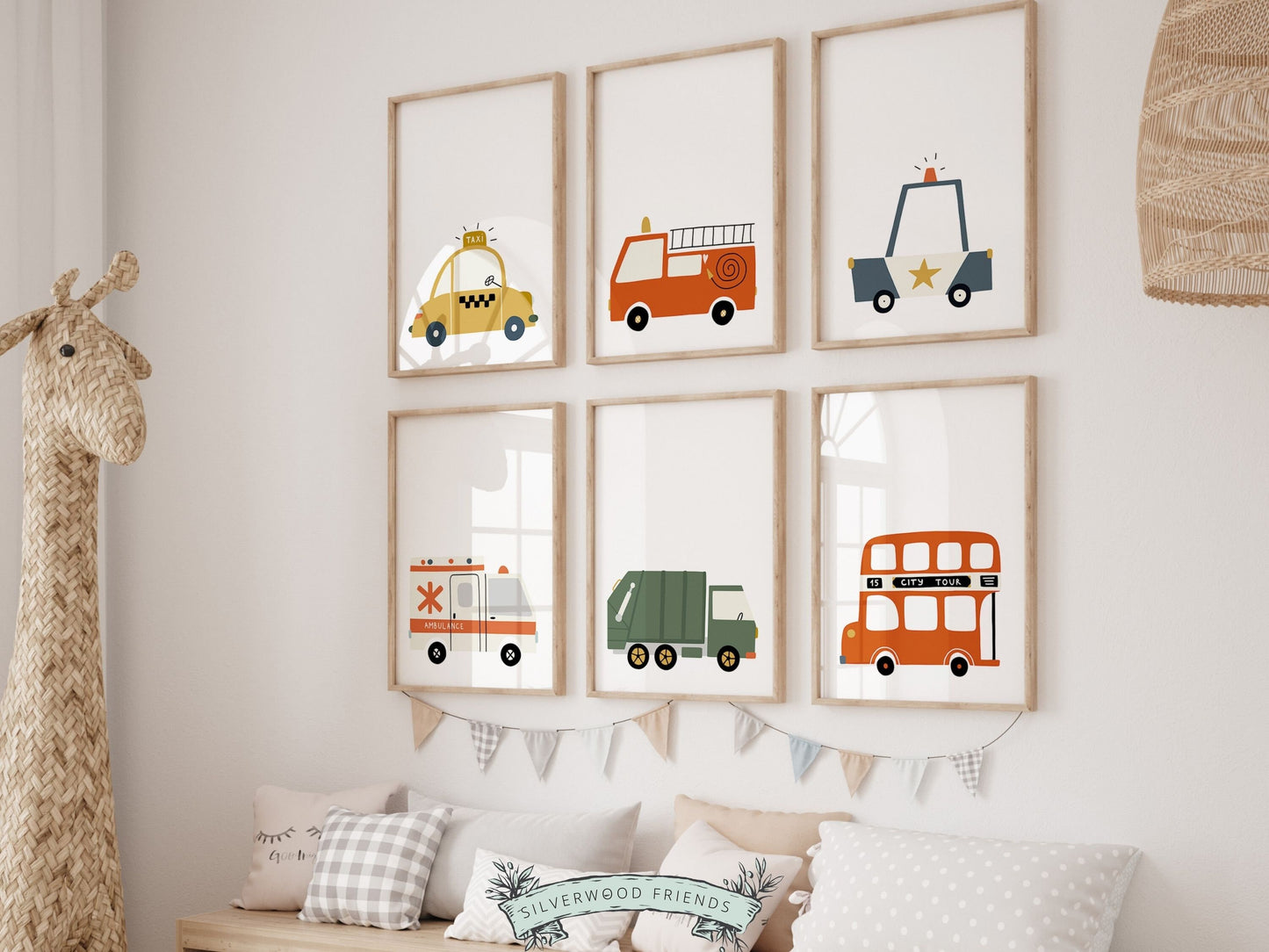 Transport Nursery Prints, Boys Car Nursery Decor, Police Car Playroom Poster Set of 6, Rescue Vehicle Nursery Wall Art, Truck Digital Prints