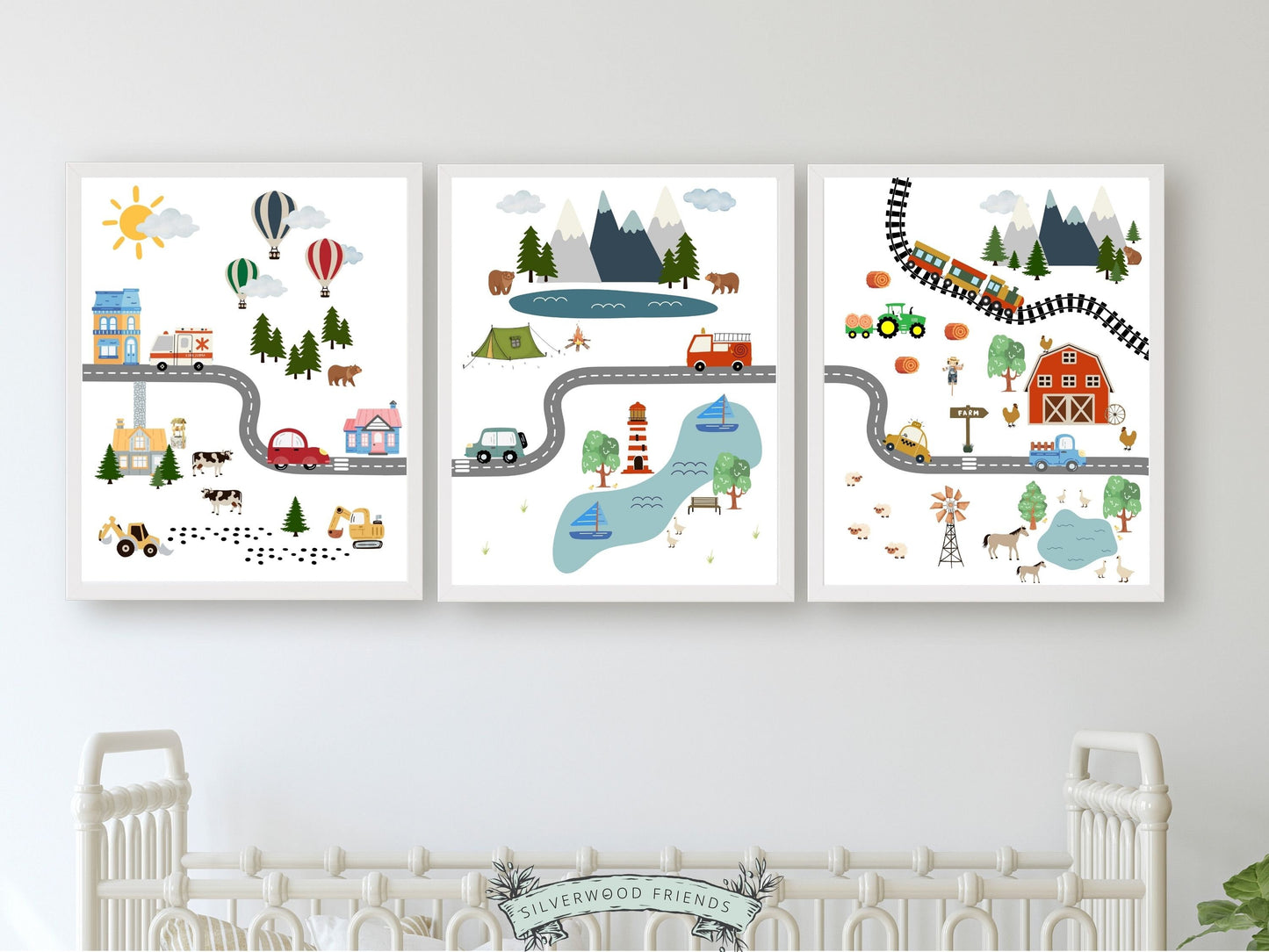 Embark on a captivating journey through forests and farmland with our Set of 3 Car Nursery Prints, where adorable farm animals, wild bears, tractors, and cars come together in a delightful tableau.