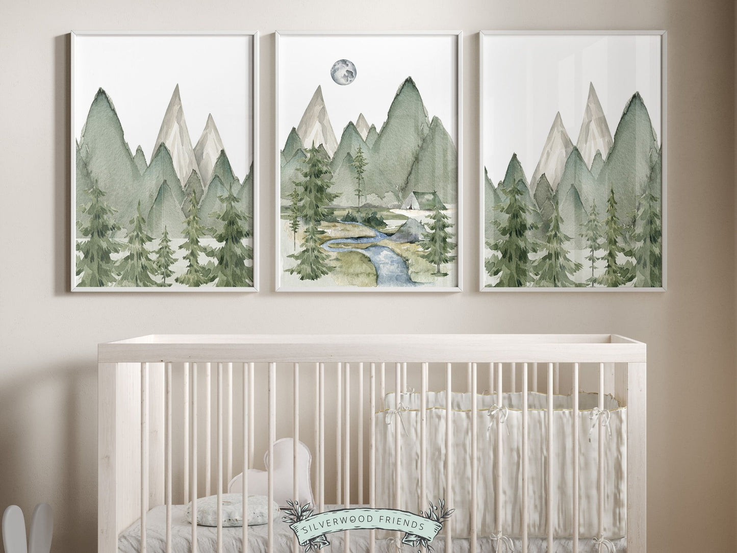 Set of 3 Mountain Print Set, featuring a watercolor woodland forest landscape and mountains. It's ideal for adding a touch of natural beauty to your mountain nursery or creating a captivating atmosphere in your home.