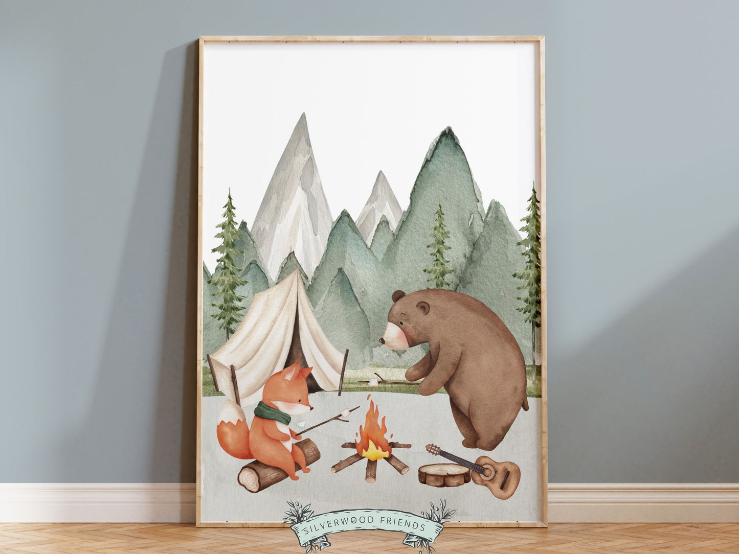 Woodland Camping Nursery Prints, Woodland Hiking Nursery Decor, Mountain Nursery Print, Custom Baby Name Personalised Nursery Digital Print