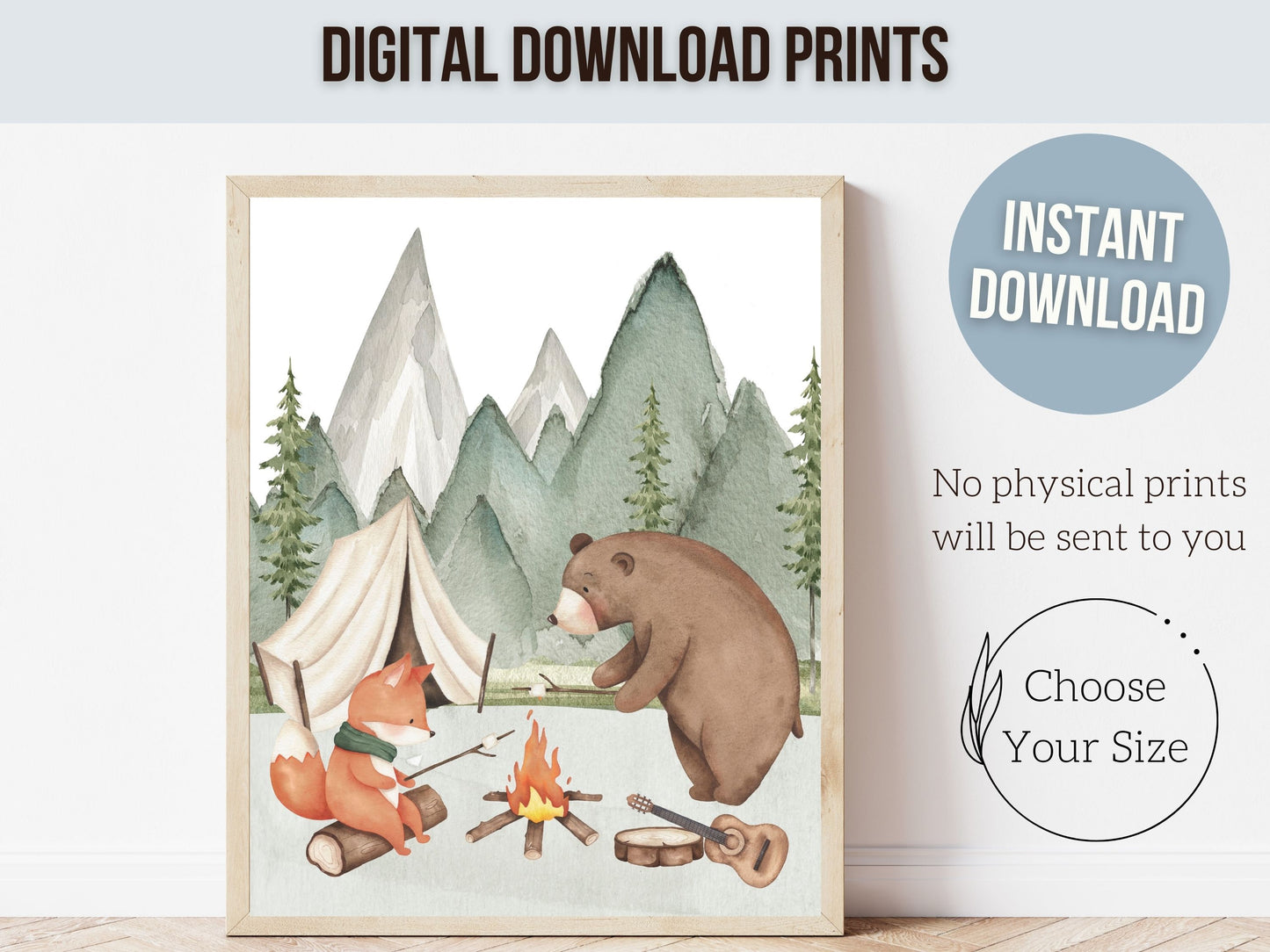 Woodland Camping Nursery Prints, Woodland Hiking Nursery Decor, Mountain Nursery Print, Custom Baby Name Personalised Nursery Digital Print