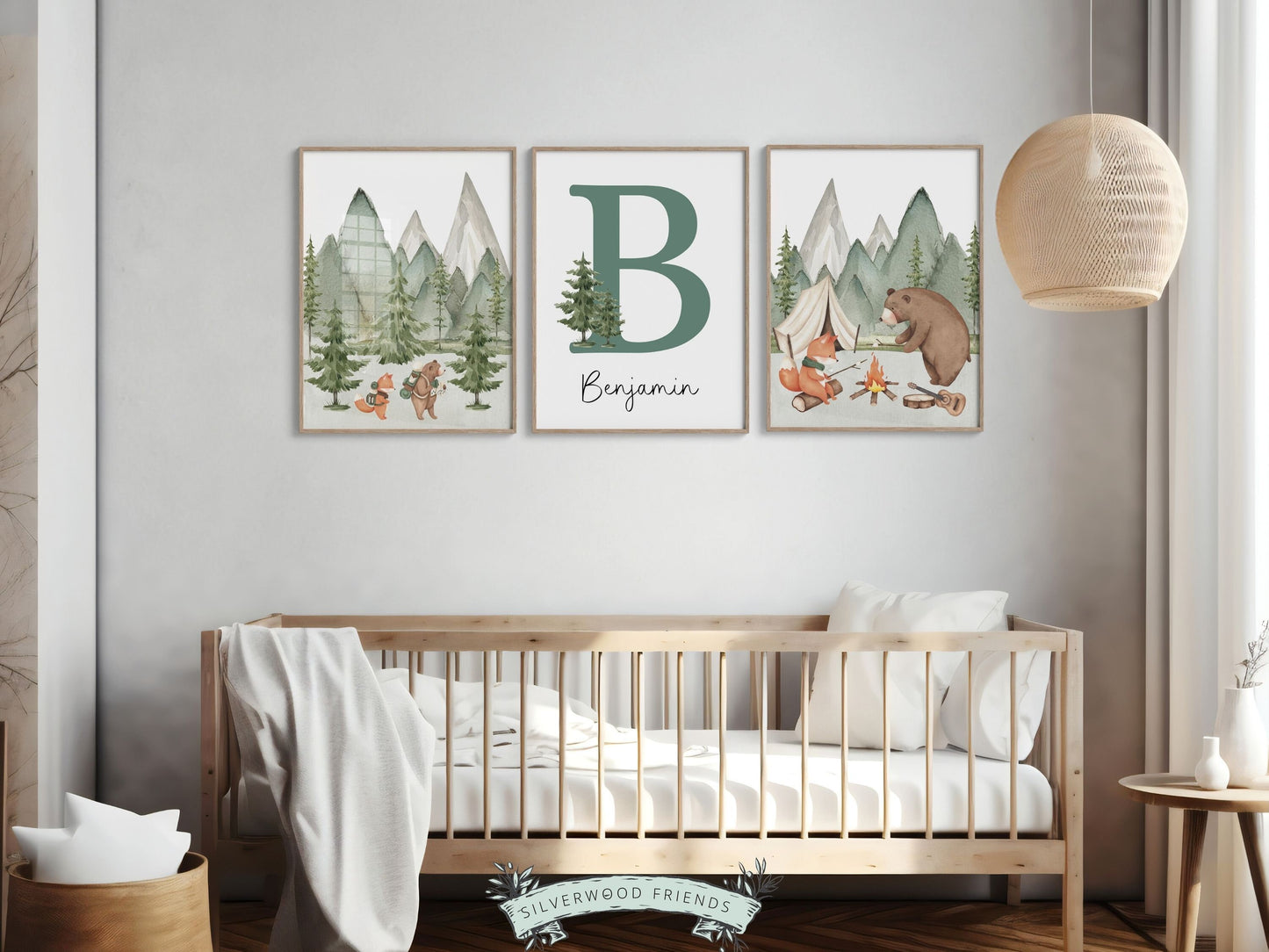 Woodland Camping Nursery Prints, Woodland Hiking Nursery Decor, Mountain Nursery Print, Custom Baby Name Personalised Nursery Digital Print