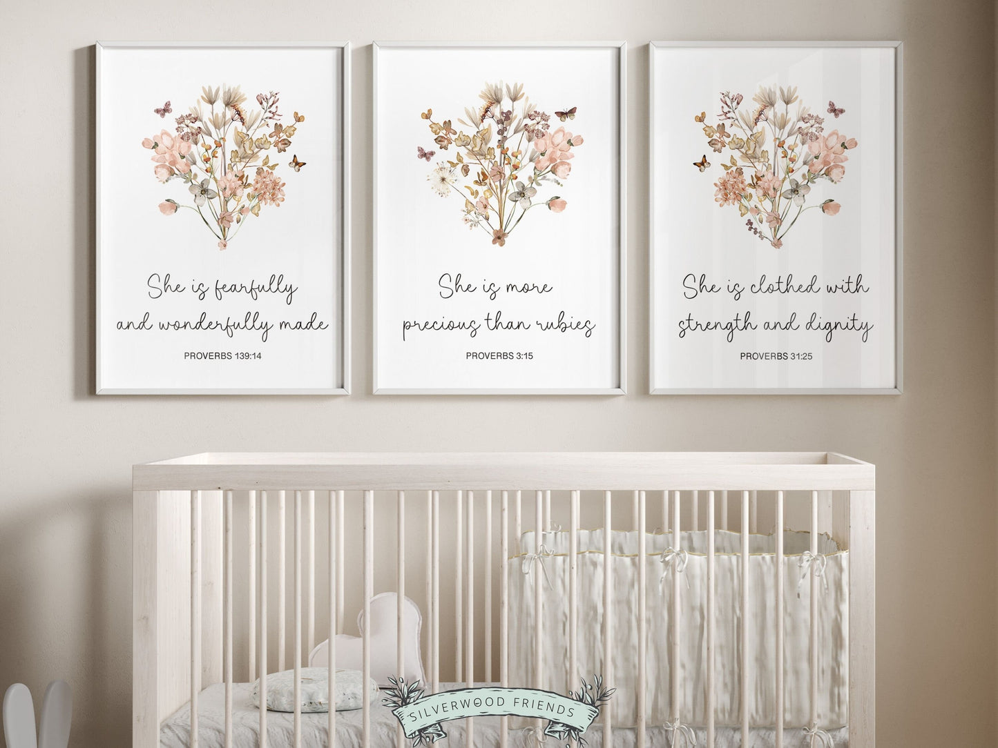 Our gorgeous Wildflower Christian Nursery Prints with pink watercolor wildflowers and Proverb bible verses in a modern, minimalist style, is perfect for your baby girls nursery decor and also makes a unique baby shower gift.