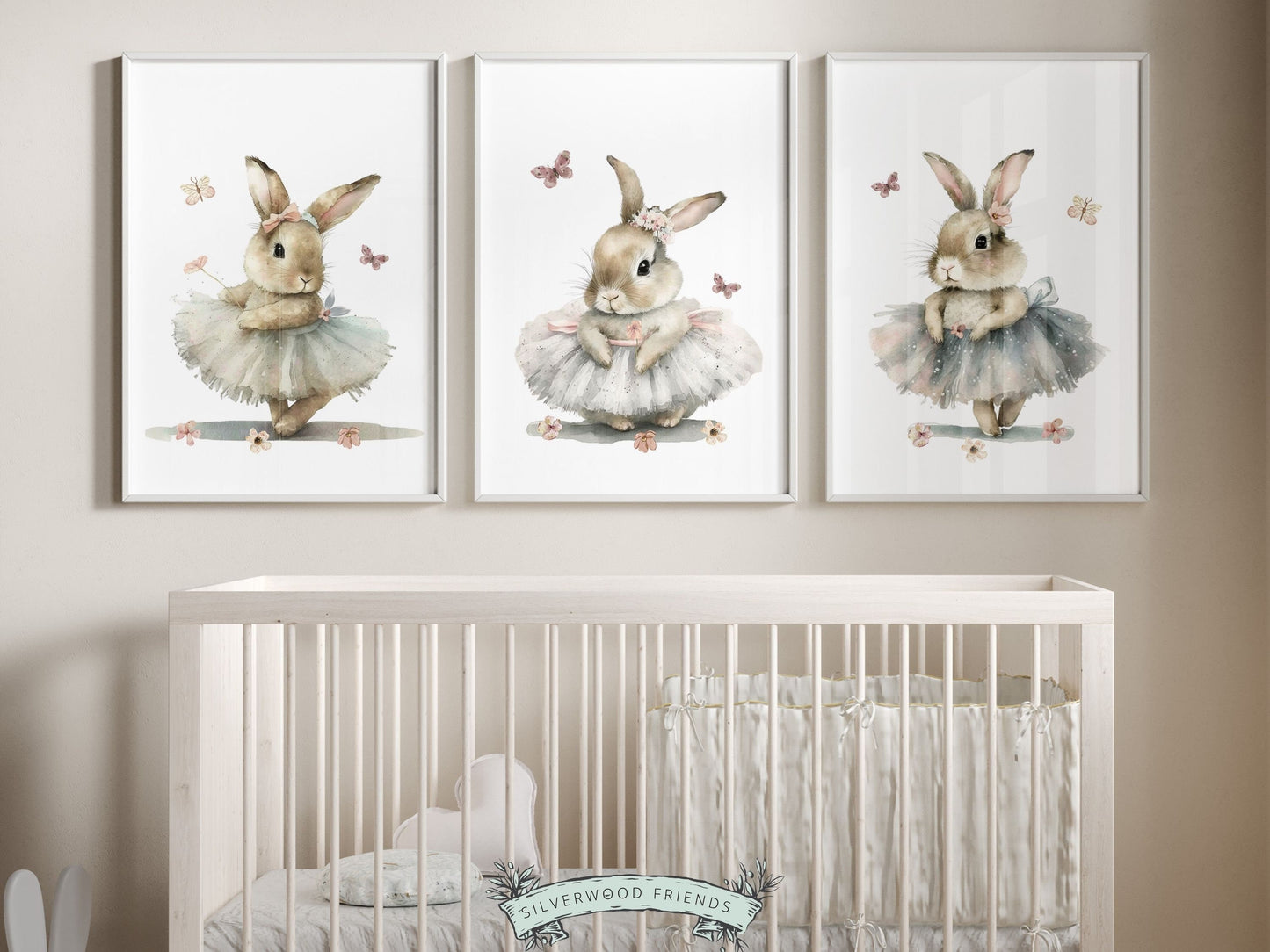 Our gorgeous Bunny Ballet Nursery Prints with watercolor bunny rabbits, wildflowers and butterflies, are perfect for your little girls nursery decor and also makes a unique baby shower gift.