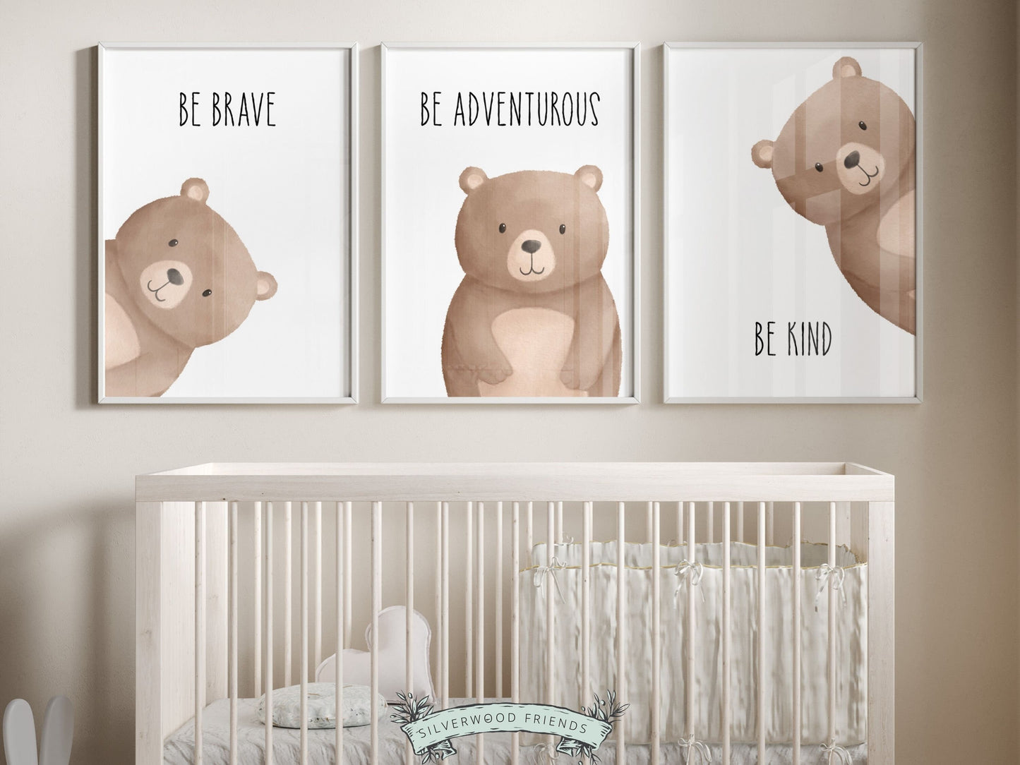 Our delightful minimalist Set of 3 Peeking Bear Nursery Prints is part of our BEST SELLING Peeking Bear Nursery Collection, and features adorable peeking brown bears with inspirational quotes, Be Brave, Be Adventurous, Be Kind.
