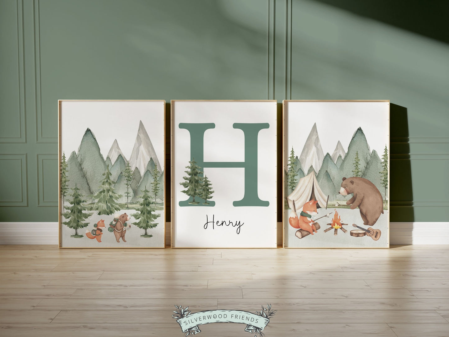 Woodland Camping Nursery Prints, Woodland Hiking Nursery Decor, Mountain Nursery Print, Custom Baby Name Personalised Nursery Digital Print