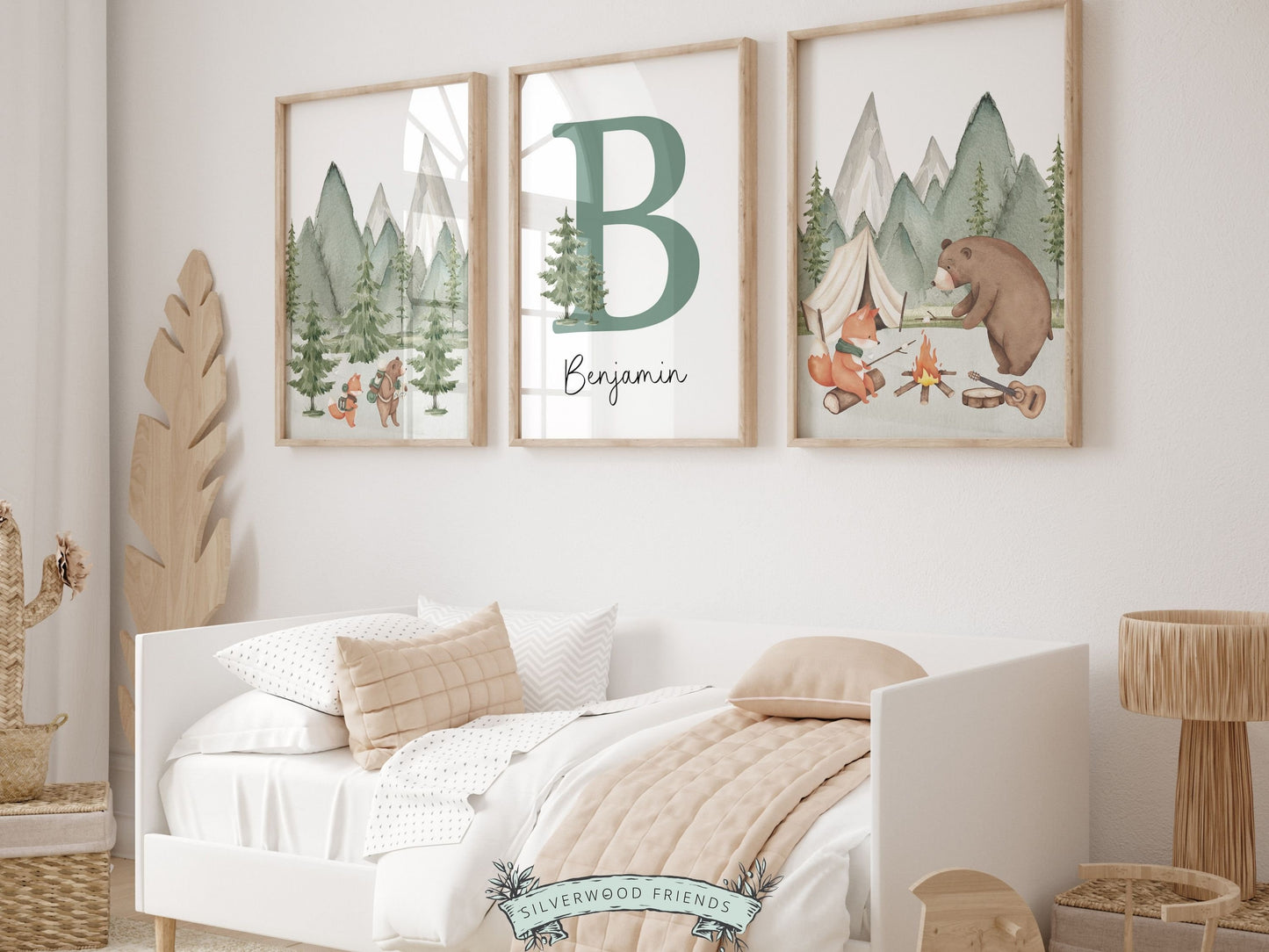 Woodland Camping Nursery Prints, Woodland Hiking Nursery Decor, Mountain Nursery Print, Custom Baby Name Personalised Nursery Digital Print