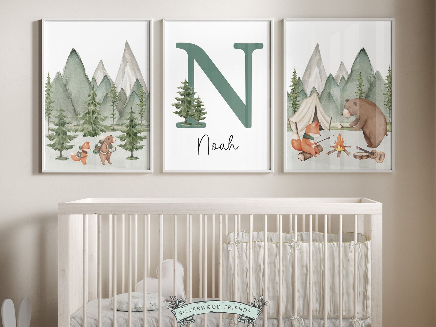 Create a personalised touch in your babys nursery or gift a cherished keepsake with our gorgeous Woodland Camping Custom Name Nursery Prints. Perfect for your woodland nursery decor and as a woodland baby shower gift for your little explorer.