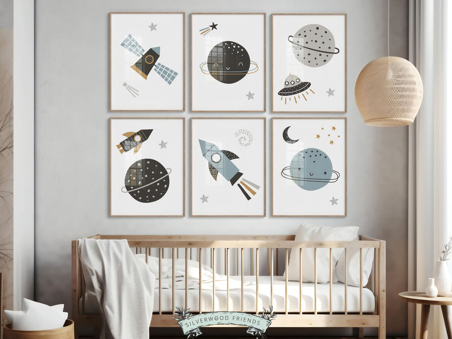 Transform your baby boys nursery decor into a realm of cosmic wonder with our enchanting Set of 6 Space Nursery Prints featuring planets, rockets, moon, stars, and spaceship, igniting creativity and fostering boundless imagination in your little one.