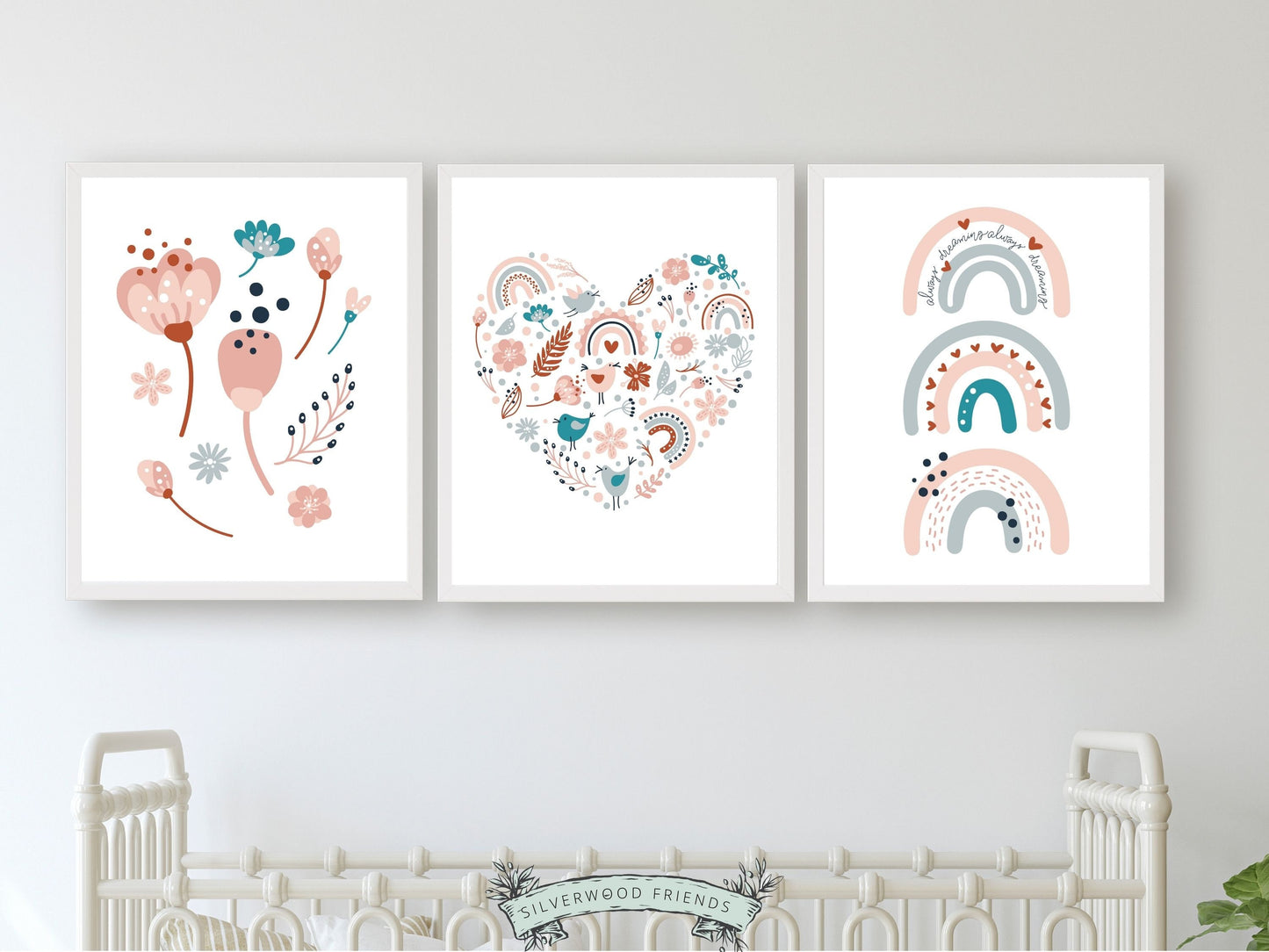 Our gorgeous Pastel Boho Rainbow Nursery Prints with Nordic rainbow, wildflowers and love heart is perfect for your baby girl's boho nursery decor and also makes a lovely baby shower gift.