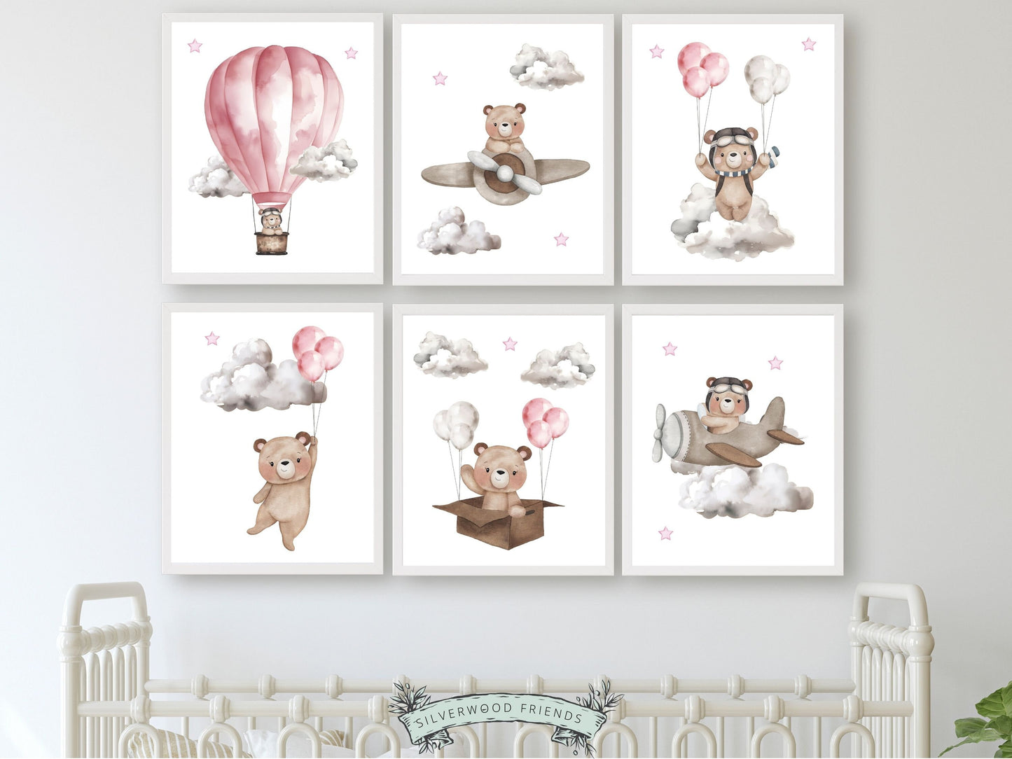 Set of 6 Teddy Bear Nursery Prints features adorable watercolour teddy bears embarking on adventures amidst a dreamy star-studded sky, flying airplanes and skydiving through fluffy clouds.