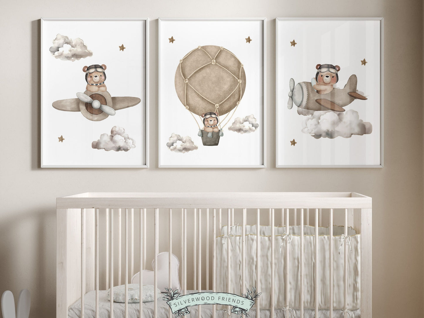 Set of 3 Teddy Bear Nursery Prints features adorable teddy bears embarking on adventures amidst a dreamy star studded sky, flying airplanes and a hot air balloon through fluffy clouds.Perfect for your neutral nursery and also as a baby shower gift.