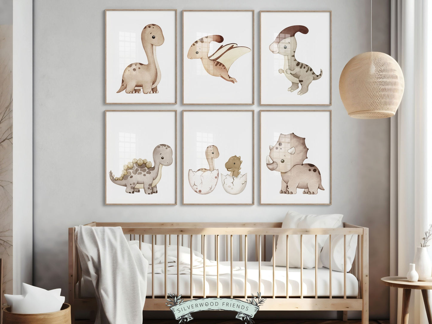 Transform your nursery into a prehistoric paradise with our charming beige and brown watercolor Dinosaur Nursery Prints featuring adorable baby dinosaurs. Its perfect for your dinosaur nursery decor or a delightful dino baby shower gift.
