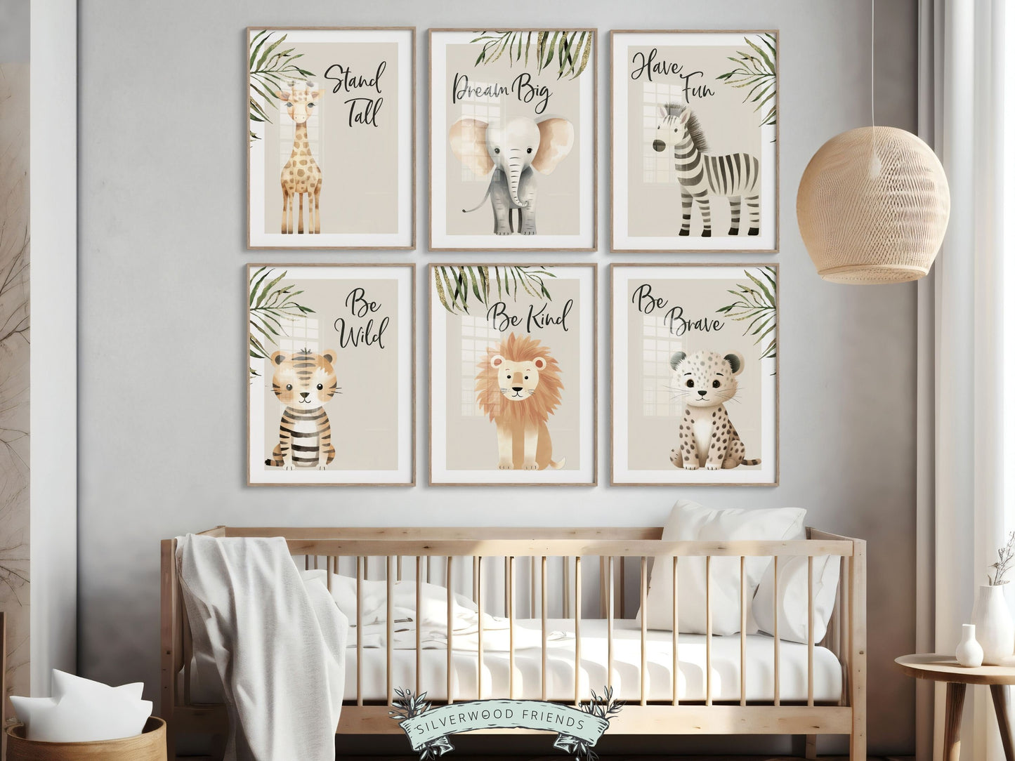 Our Safari Jungle Animal Nursery Prints featuring adorable watercolor illustrations of a giraffe, elephant, zebra, tiger, lion and leopard with jungle leaves and inspirational quotes, is the perfect addition for your safari nursery decor.