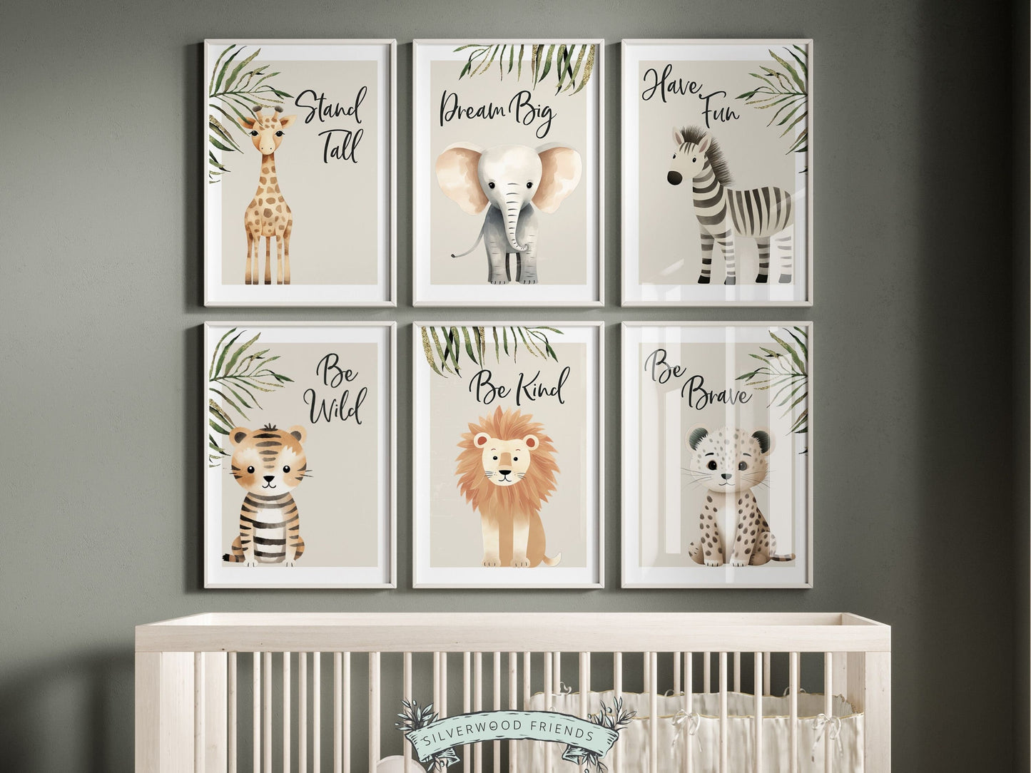 Our Safari Jungle Animal Nursery Prints featuring adorable watercolor illustrations of a giraffe, elephant, zebra, tiger, lion and leopard with jungle leaves and inspirational quotes, is the perfect addition for your safari nursery decor.