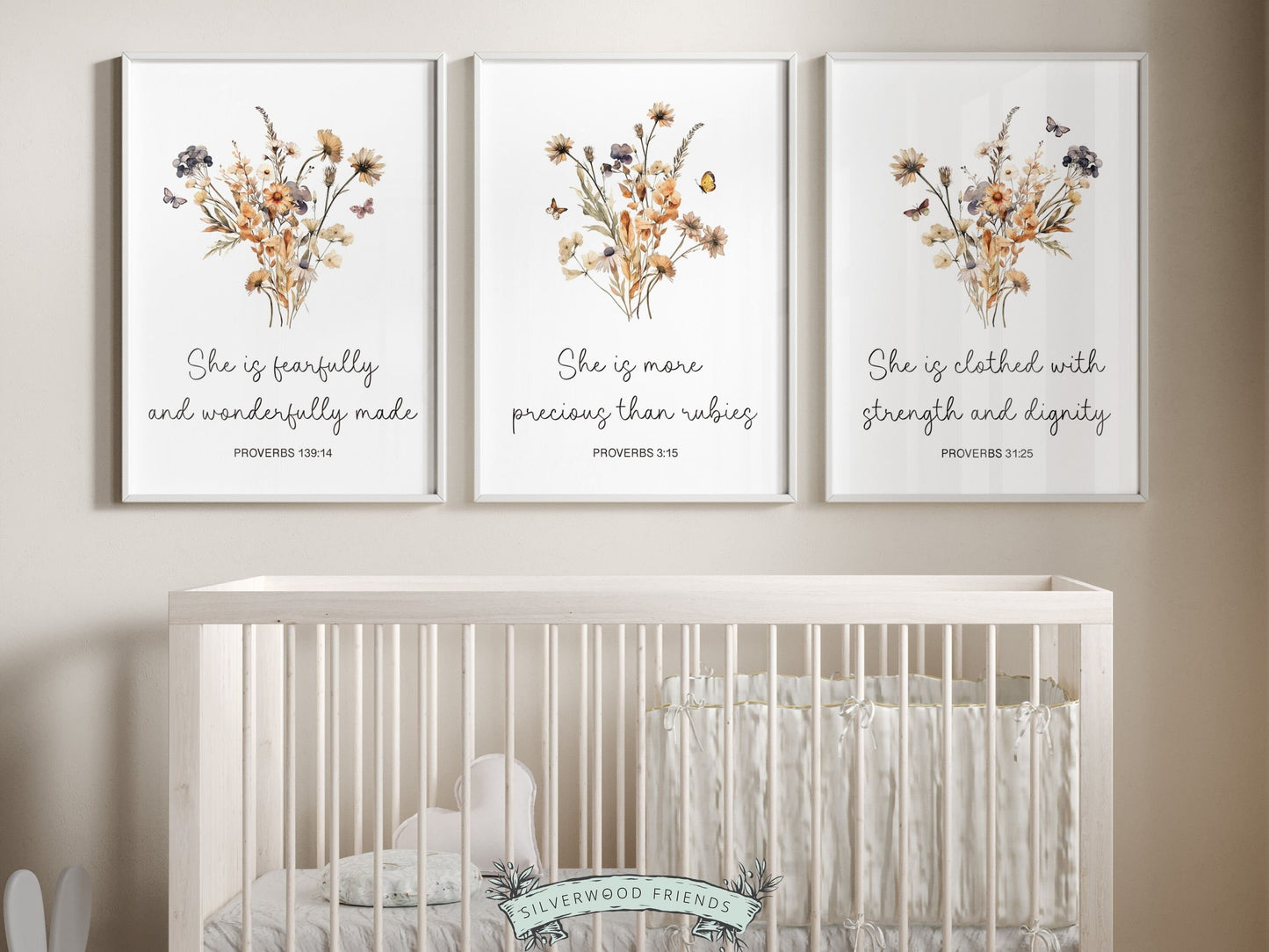 Our gorgeous Wildflower Christian Nursery Prints with boho watercolor wildflowers and Proverb bible verses in a modern, minimalist style, is perfect for your little girls nursery decor and also makes a unique baby shower gift.