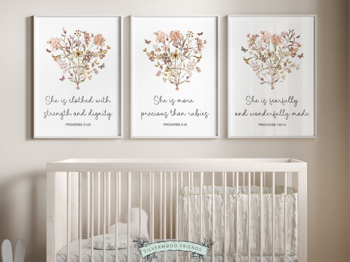 Our gorgeous Wildflower Christian Nursery Prints with pink watercolor wildflowers, butterflies and Proverb bible verses in a modern, minimalist style, is perfect for your baby girls nursery decor and also makes a gorgeous baby shower gift.