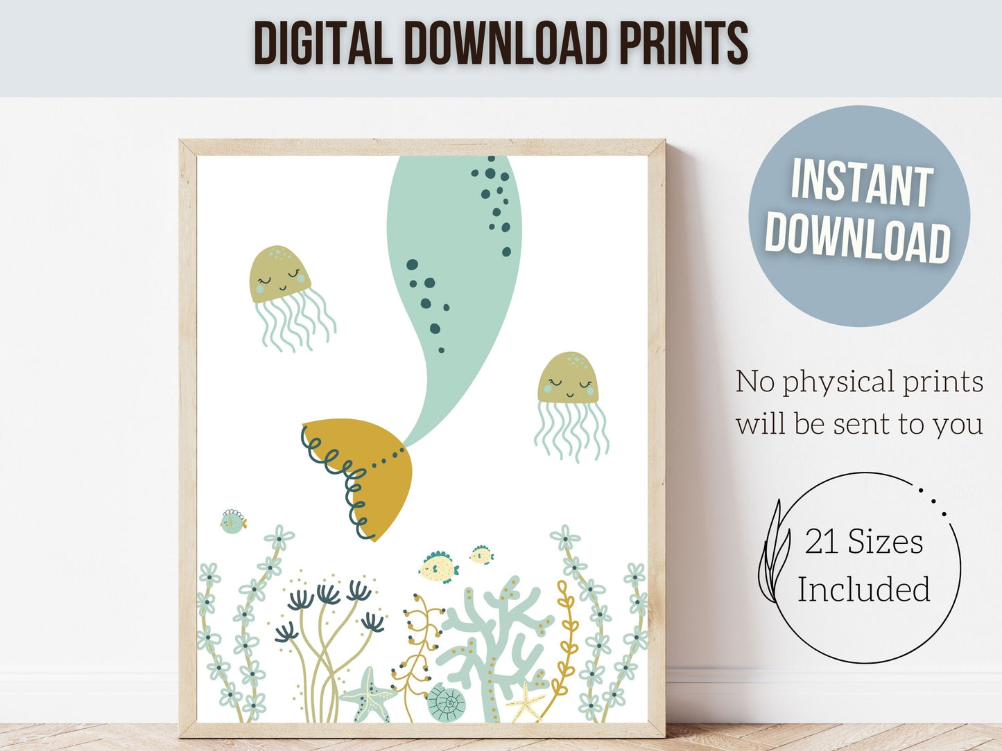 Mermaid Nursery Prints, Girls Whale Nursery Decor, Under the Sea Nursery Wall Art, Newborn Ocean Baby Shower Gift, Sea Turtle Digital Print