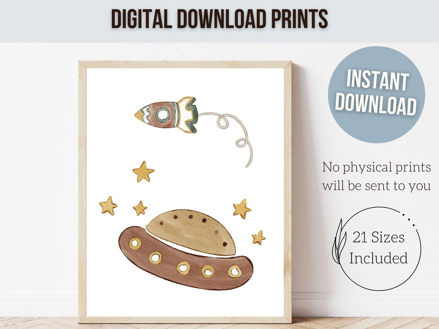 Space Themed Nursery Print, Outer Space Planet Nursery Wall Art, Beige Alien Rocket Nursery Decor,Solar System Neutral Nursery Digital Print
