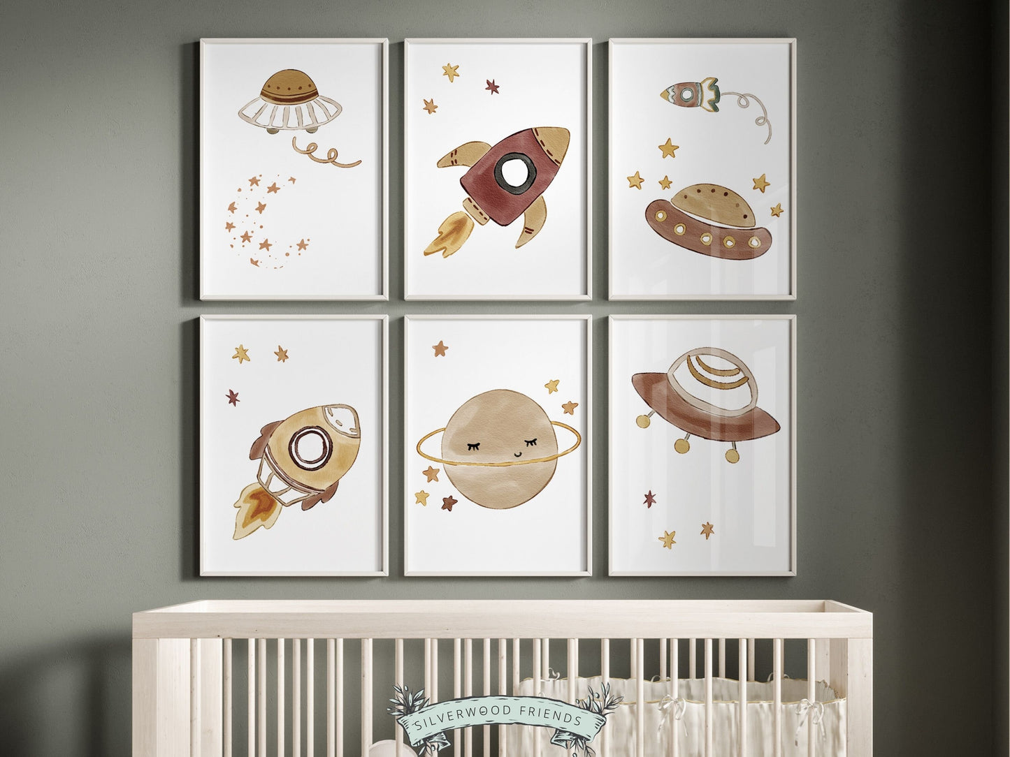 Space Themed Nursery Print, Outer Space Planet Nursery Wall Art, Beige Alien Rocket Nursery Decor,Solar System Neutral Nursery Digital Print