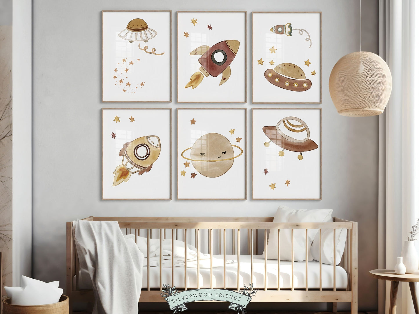 Transform your nursery decor into a realm of cosmic wonder with our enchanting Set of 6 Space Themed Nursery Prints featuring moon, planets, stars, spaceships and aliens, igniting creativity and fostering boundless imagination in your little one.