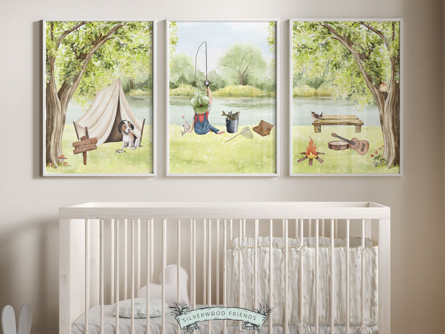 Our adorable watercolor Fishing Nursery Prints are the perfect addition to your babys camping nursery decor or nature themed nursery and also make a lovely woodland baby shower gift.