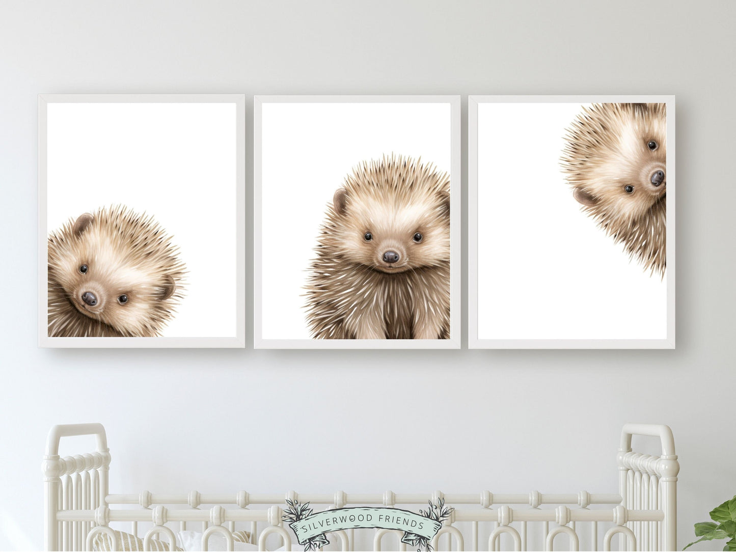 Our delightful minimalist Set of 3 Peeking Animal Nursery Prints features adorable peeking hedgehogs. Its perfect for your woodland nursery decor or as a gender neutral baby shower gift.