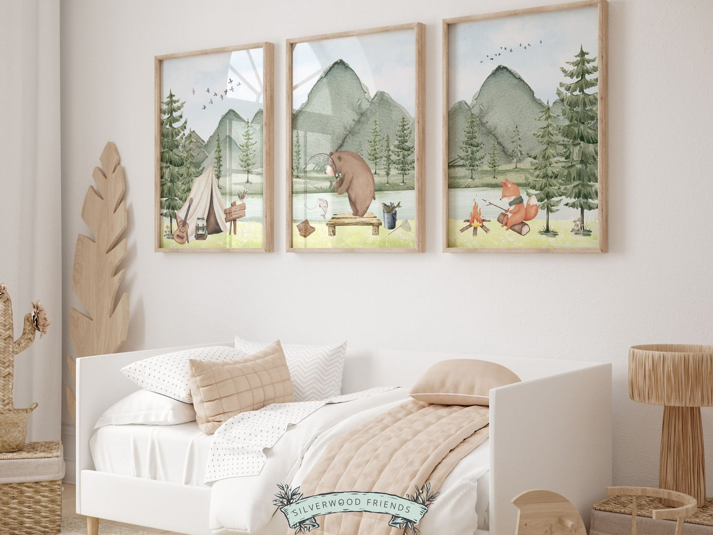 Camping Nursery Prints, Woodland Bear Nursery Decor, Forest Bear Nursery Print, Mountain Fishing Nursery Decor, Nature Nursery Digital Print