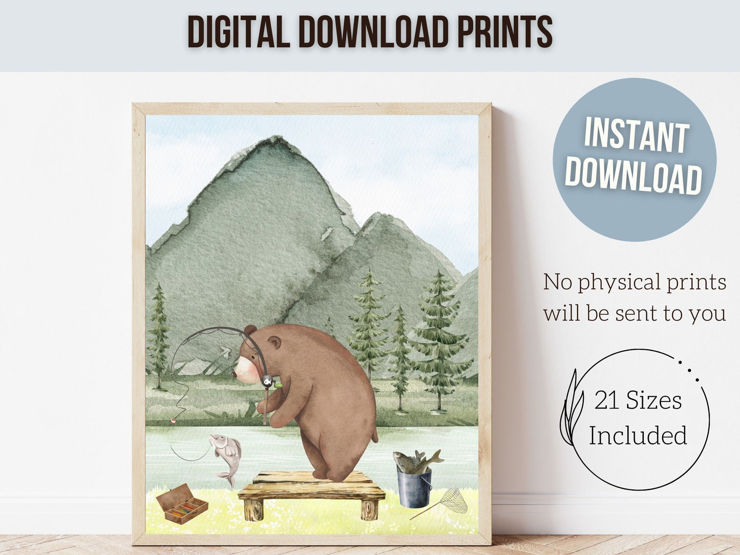 Camping Nursery Prints, Woodland Bear Nursery Decor, Forest Bear Nursery Print, Mountain Fishing Nursery Decor, Nature Nursery Digital Print