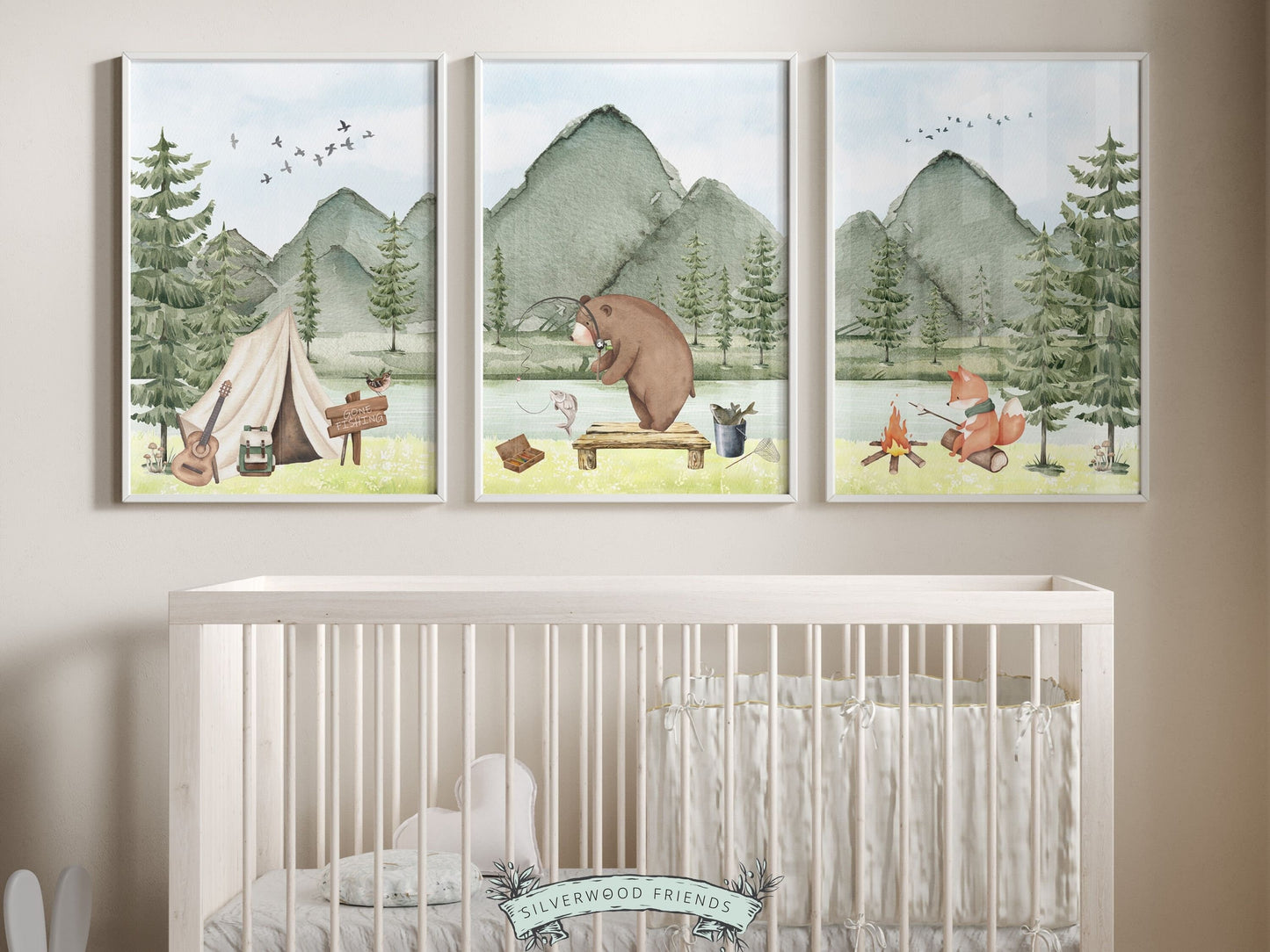 Our cute baby bear and fox camping and fishing nursery prints are the perfect addition to your babys woodland nursery decor and also make a lovely woodland baby shower gift.