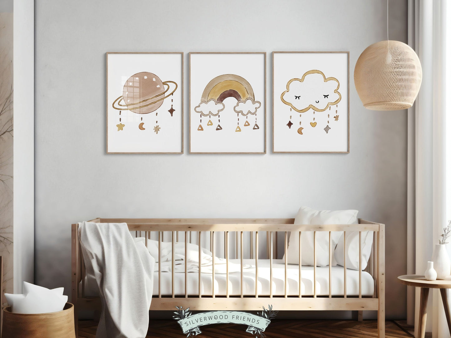 Set of 3 Boho Baby Nursery Prints. Delicately crafted watercolor planets, rainbows, and clouds adorned with whimsical stars will infuse a harmonious and dreamy ambiance, making it an enchanting gender neutral baby shower gift.