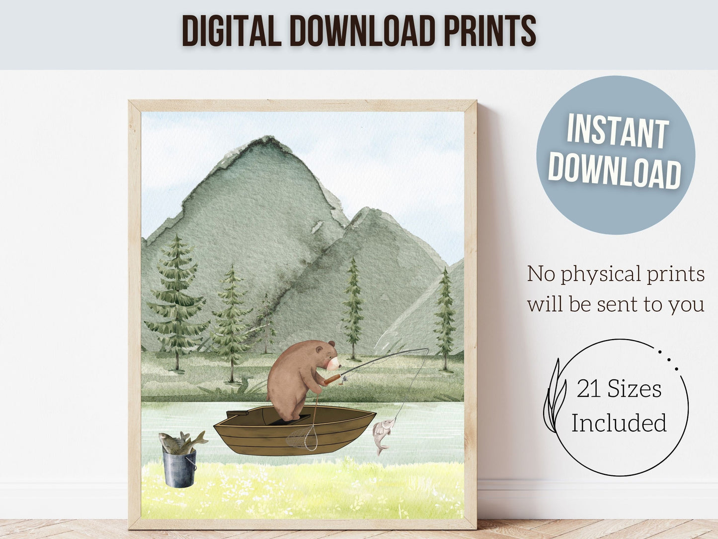 Camping Nursery Prints, Bear Fishing Nursery Decor, Bear Fishing Nursery Prints, Green Mountain Nursery Decor, Nature Nursery Digital Prints