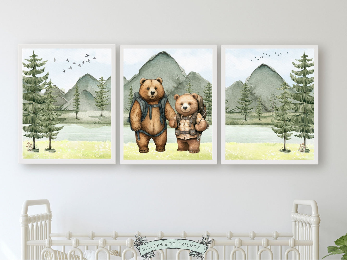 Our adorable Bear Adventure Nursery Prints featuring watercolour woodland forest and river with hiking bears is the perfect addition to your babys woodland nursery or forest nursery decor and also makes a lovely woodland baby shower gift.