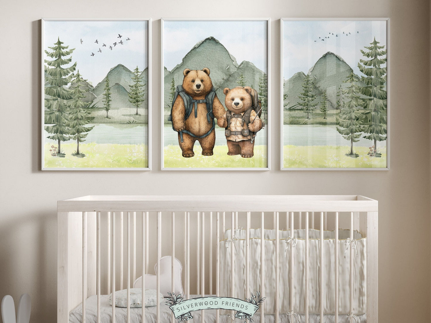 Our adorable Adventure Nursery Prints featuring watercolor woodland forest and river with hiking bears is the perfect addition to your babys woodland nursery or forest nursery decor and also makes a lovely woodland baby shower gift.