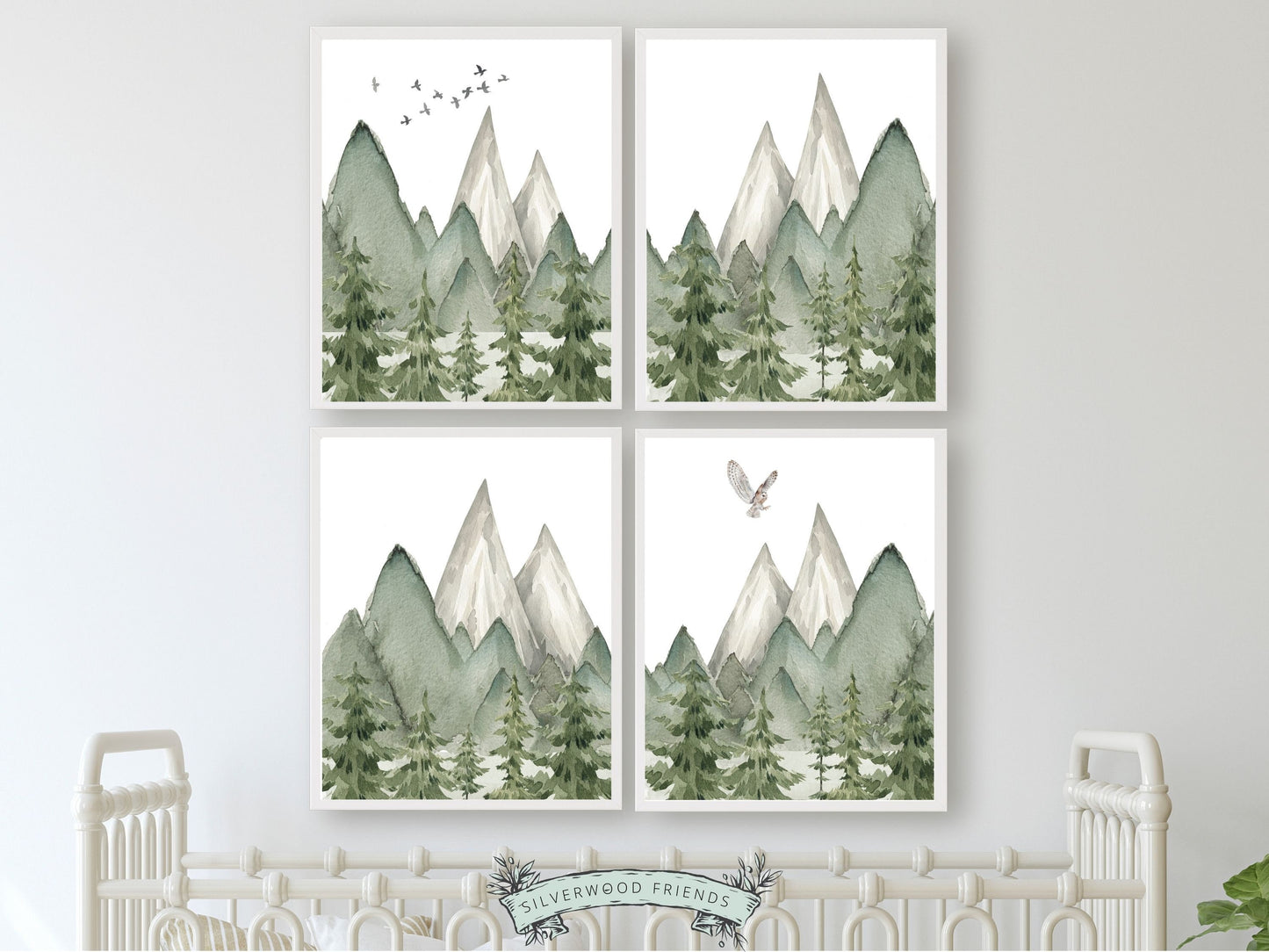 Set of 4 Mountain Nursery Prints, featuring watercolor mountains and woodland forest landscapes. Its ideal for adding a touch of natural beauty to your mountain nursery or creating a captivating atmosphere in your home. Also as a baby shower gift.