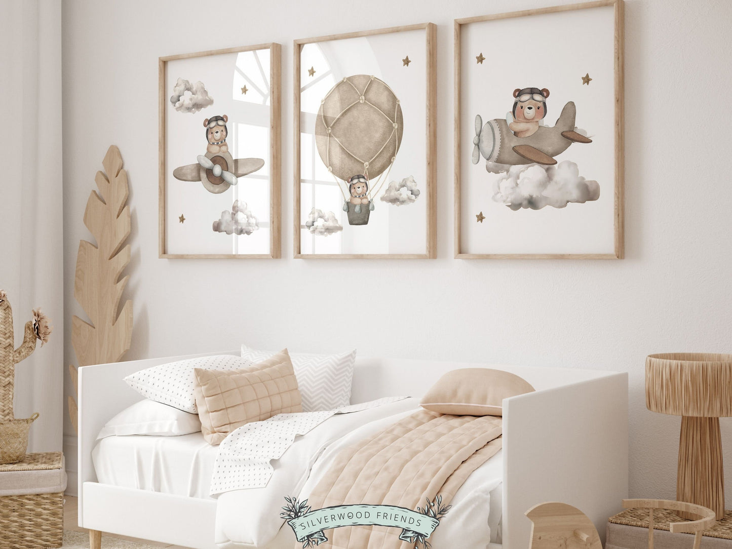 Teddy Bear Nursery Prints, Bear Nursery Decor, Neutral Nursery Wall Art, Beige Hot Air Balloon Nursery Print, Kids Room Decor Digital Prints