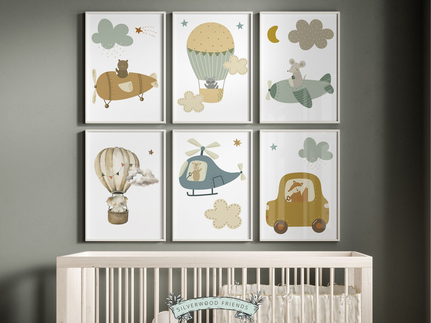 Woodland Transport Nursery Prints, Airplane Nursery Decor, Hot Air Balloon Nursery Print, Boys Nursery Decor, Baby Boy Nursery Digital Print
