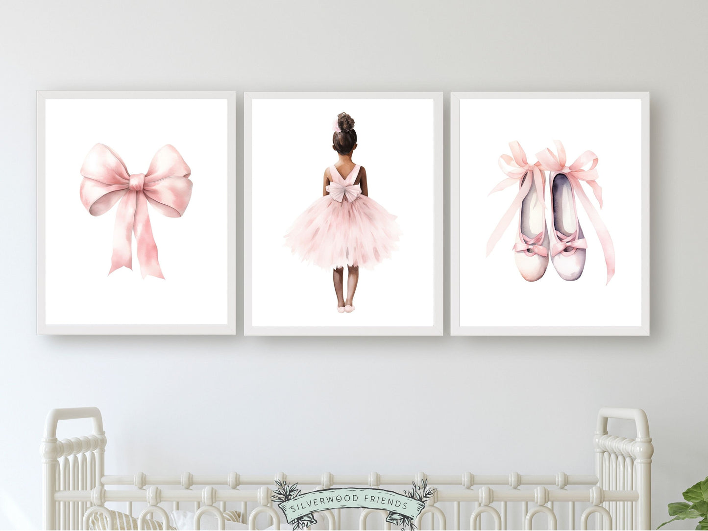 Set of 3 Ballet Nursery Prints, featuring a ballerina, bow, and ballet slippers. Perfect for your ballet themed nursery or dance inspired bedroom, these charming prints inspire imagination and foster a love for ballet