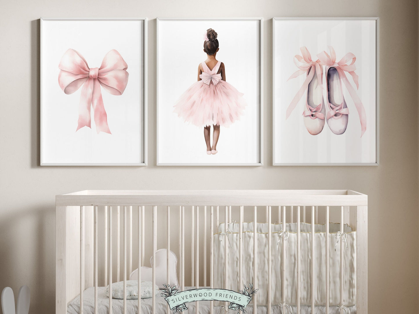 Set of 3 Ballet Nursery Prints, featuring a ballerina, bow, and ballet slippers. Perfect for your ballet themed nursery or dance inspired bedroom, these charming prints inspire imagination and foster a love for ballet.